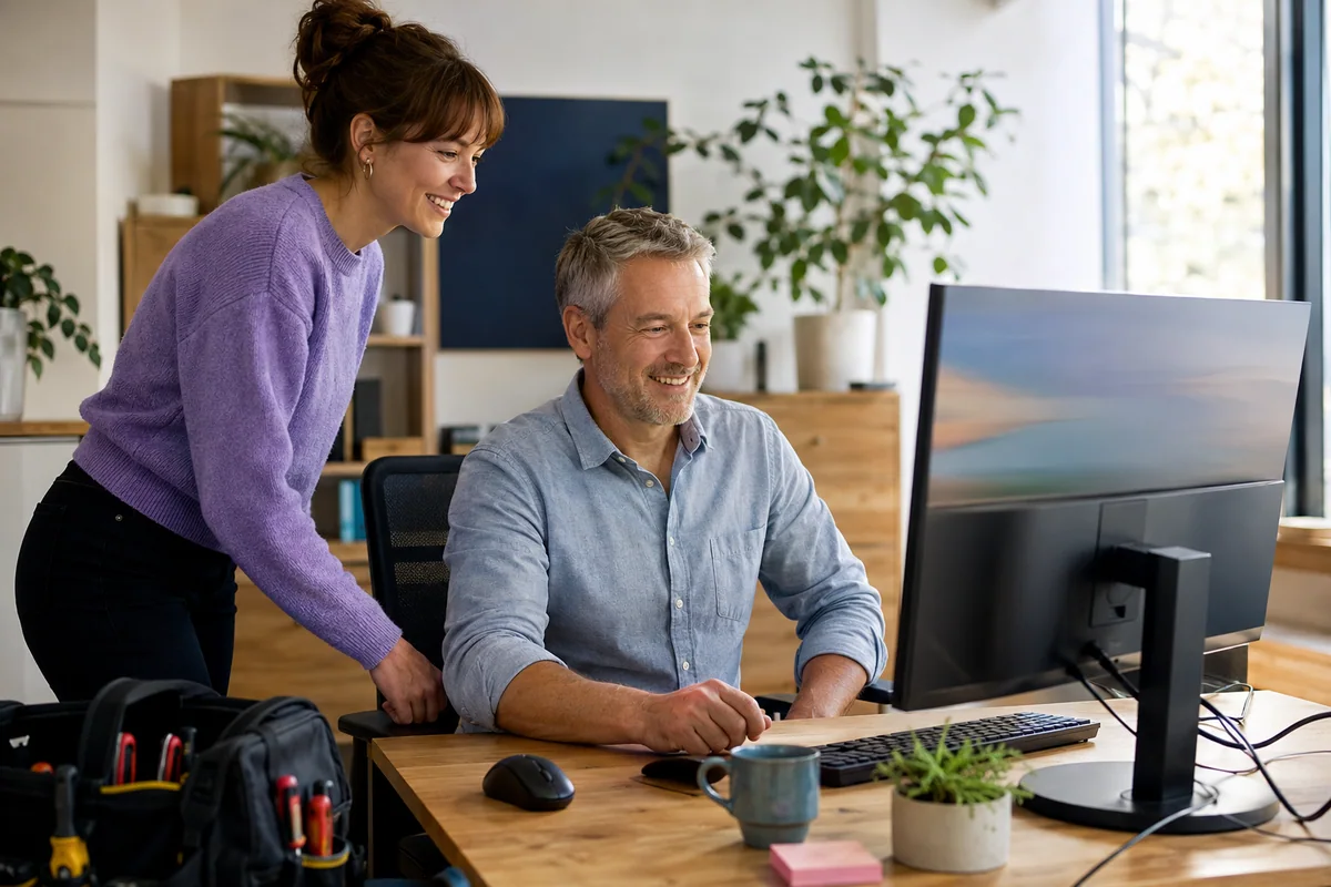 Eine IT-Technikerin und ein Kunde freuen sich über den erfolgreich eingerichteten Arbeitsplatz